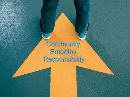 Arrow pointing north with the words Community. Empathy. Responsibility.